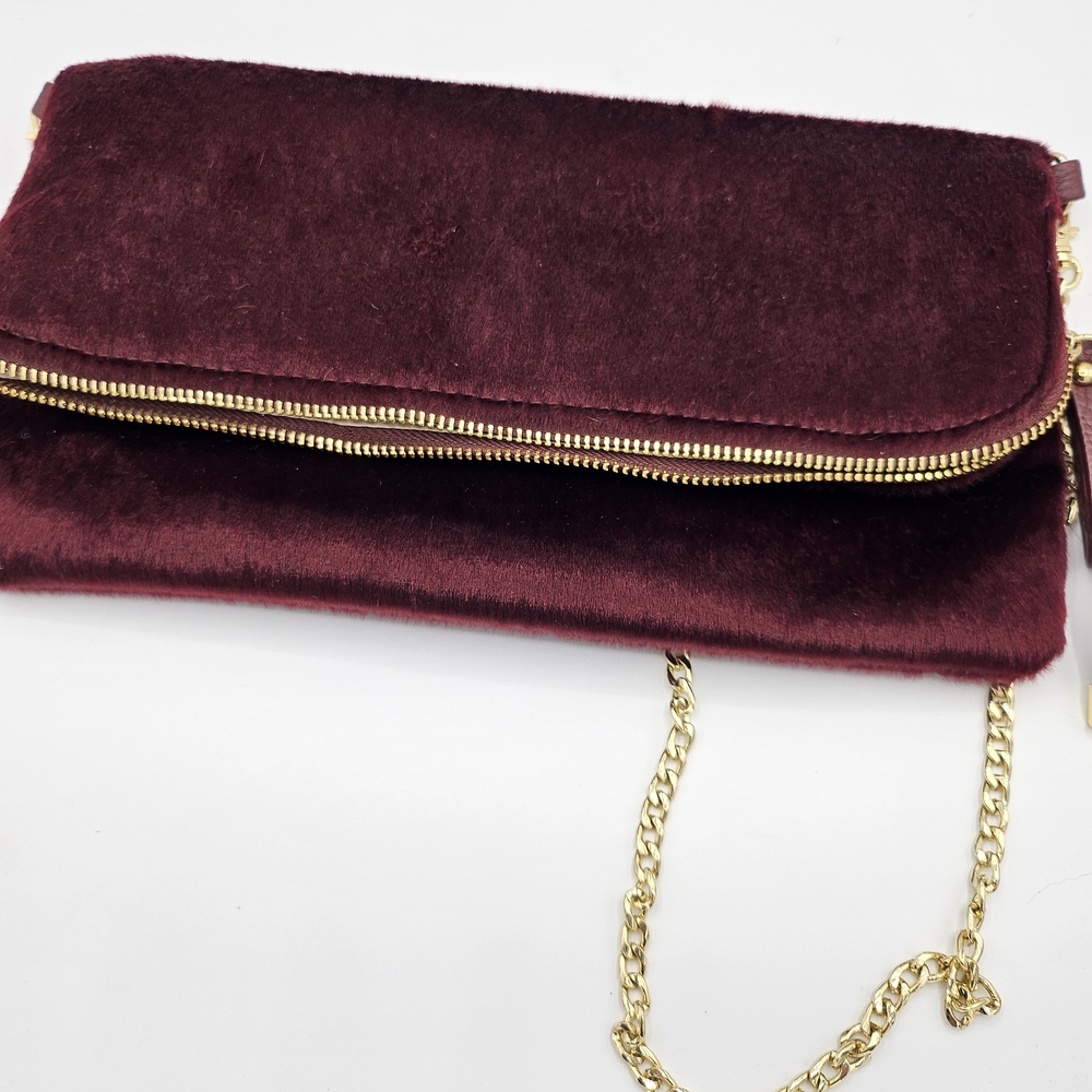 Charming Charlie Faux Fur Maroon Clutch with Gold Chain